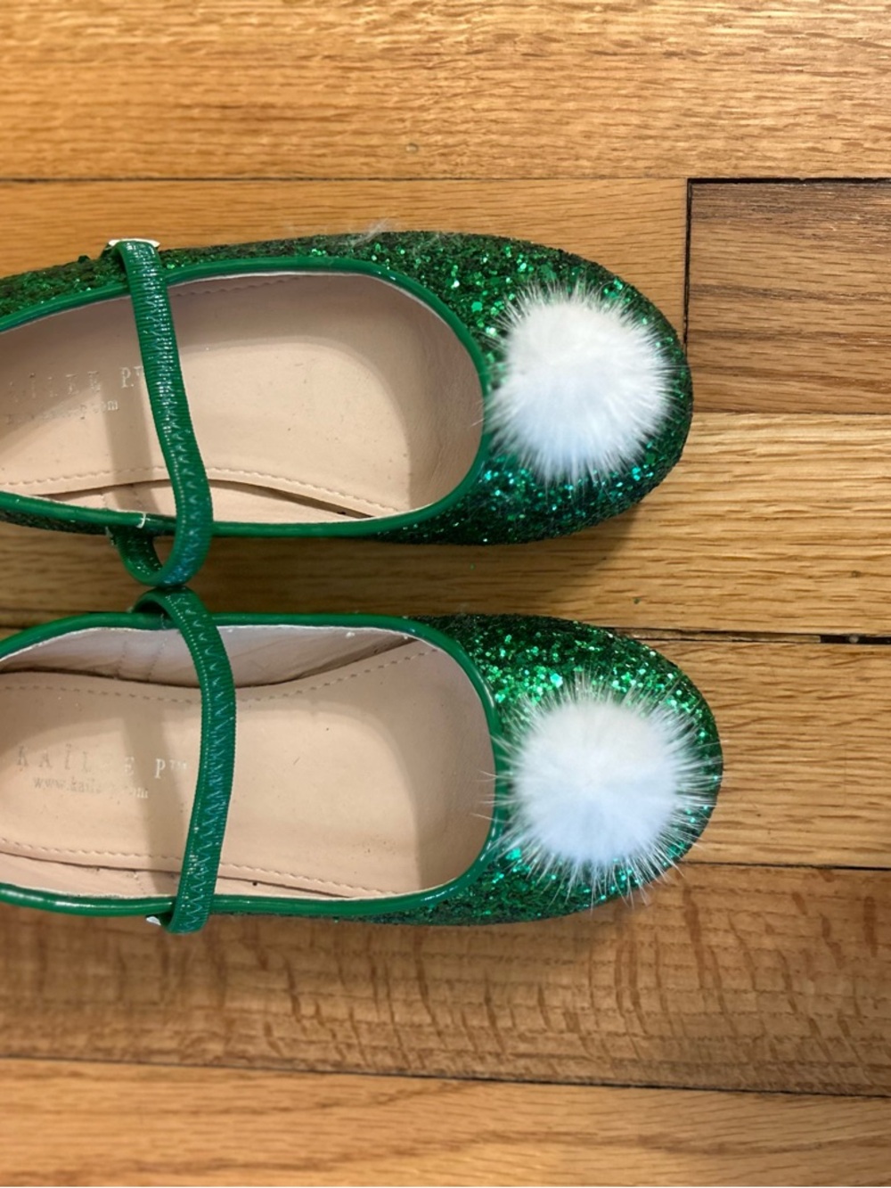 Kailee P brand Rock Glitter Mary Jane Ballet Flats with White Faux Fur Puff - Picture 9 of 9